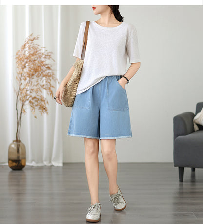 Women's High Waisted Baggy Jean Wide Leg Denim Shorts - LAI MENG FIVE CATS