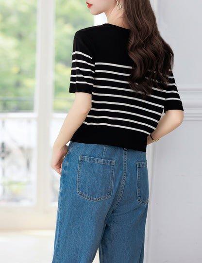 Women's Stripes Short Sleeve Knit Cardigan Tops