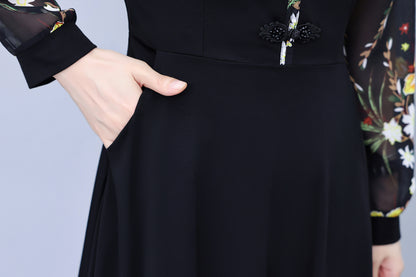 Women's V-Neck Long Sleeve with Pockets Black Dress - LAI MENG FIVE CATS