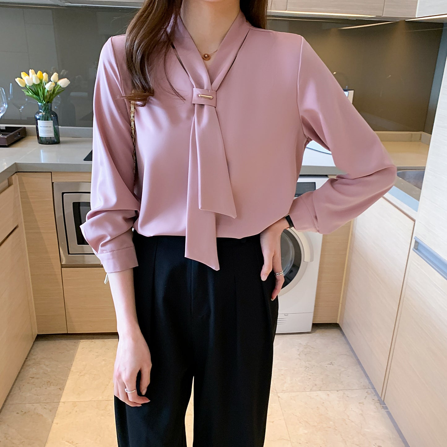 Women's Silk Satin Shirt Tie Neck Long Sleeve Blouse - LAI MENG FIVE CATS