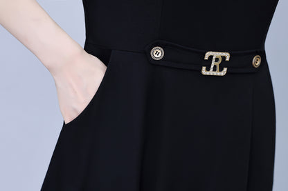 Women's Tie V-Neck Short Sleeve Pocket Midi Dress