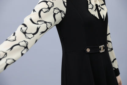 Women's Elegant Tie Neck Long Sleeve Black Dress - LAI MENG FIVE CATS