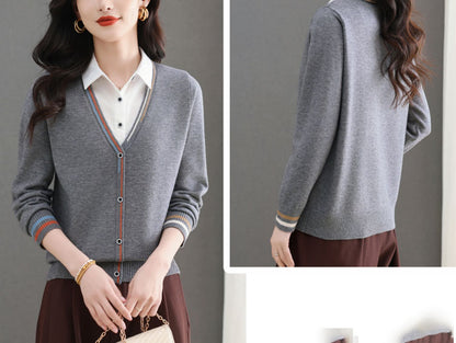 Women's V-Neck Collared Long Sleeve Shirt Striped  Blouse