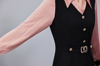 Women's Lapel V-Neck Pocket Long Sleeve Black Dress