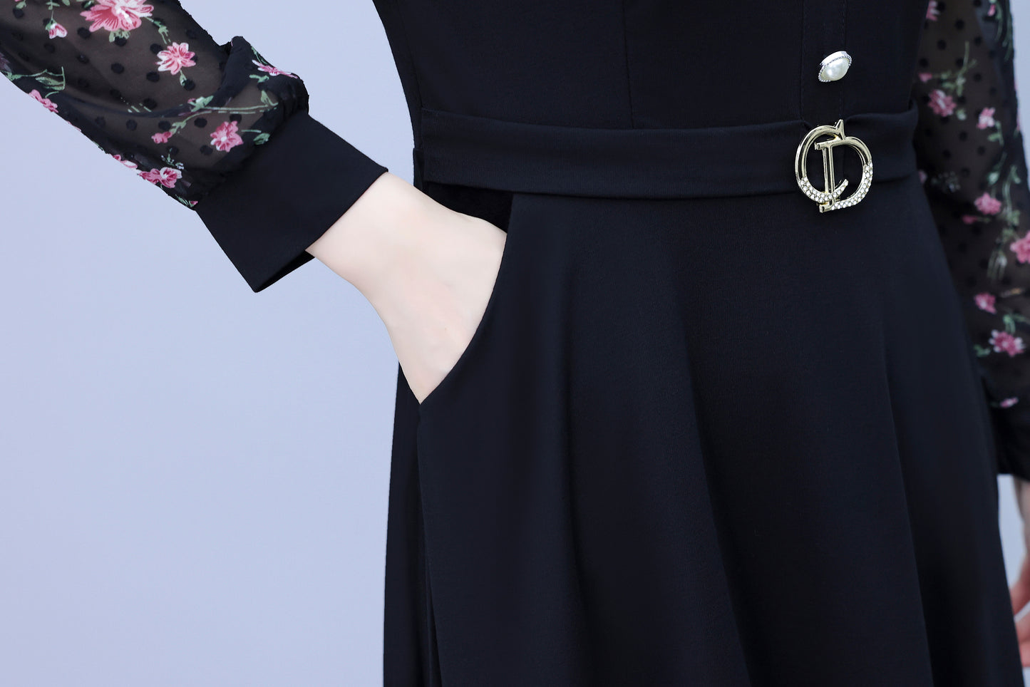 Women's Peter Pan Collar Long Sleeve Pocket Midi Dress