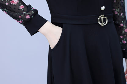 Women's Peter Pan Collar Long Sleeve Pocket Midi Dress