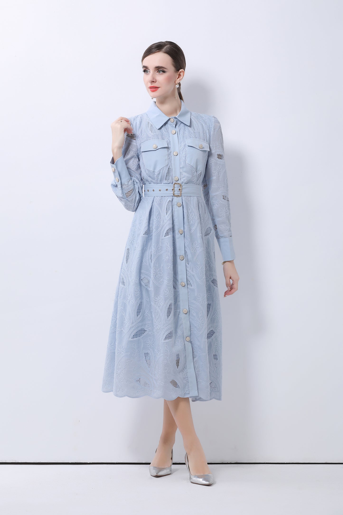 Women's Embroidery Hollow Out Lace Midi Dress - LAI MENG FIVE CATS