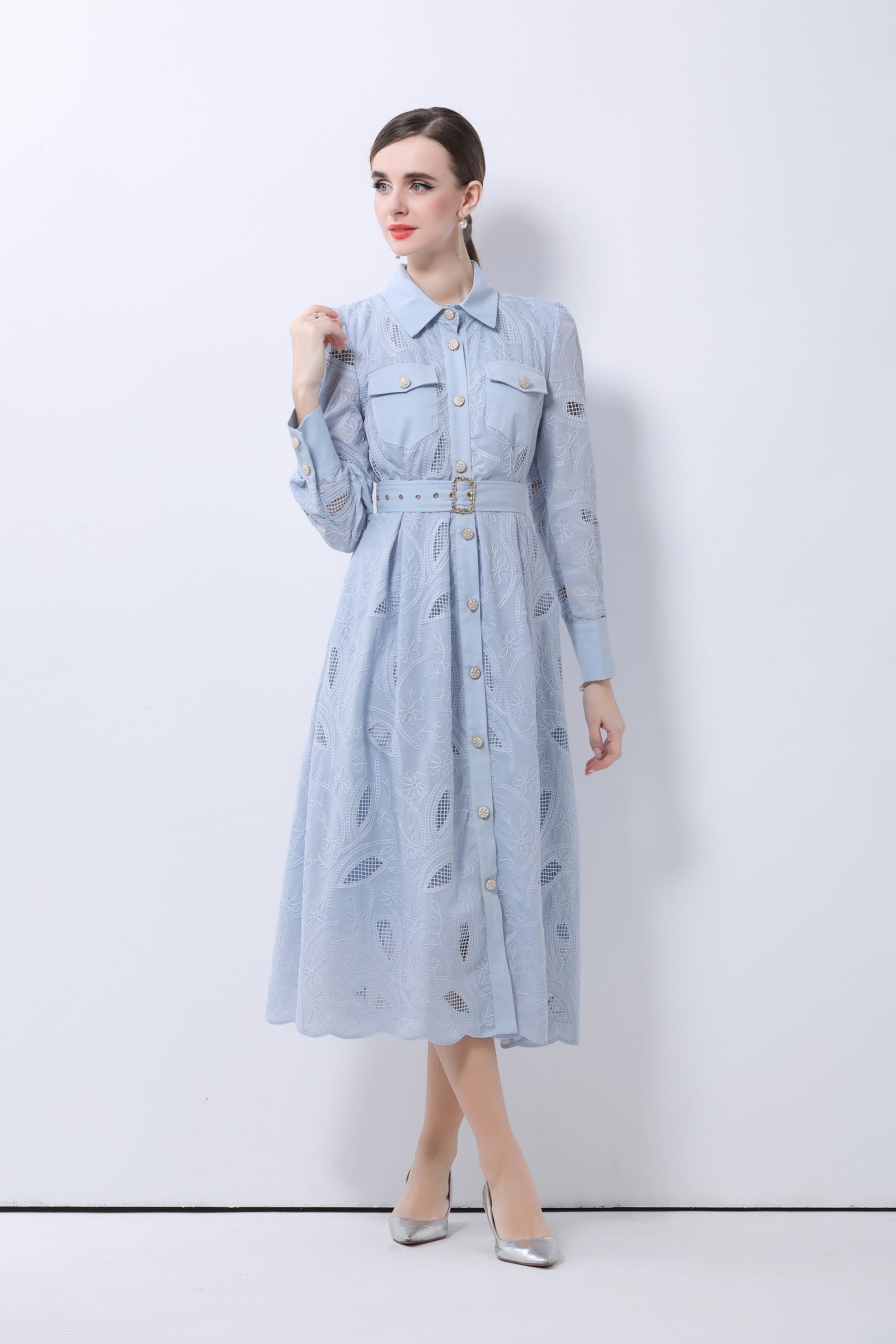 Women's Embroidery Hollow Out Lace Midi Dress - LAI MENG FIVE CATS