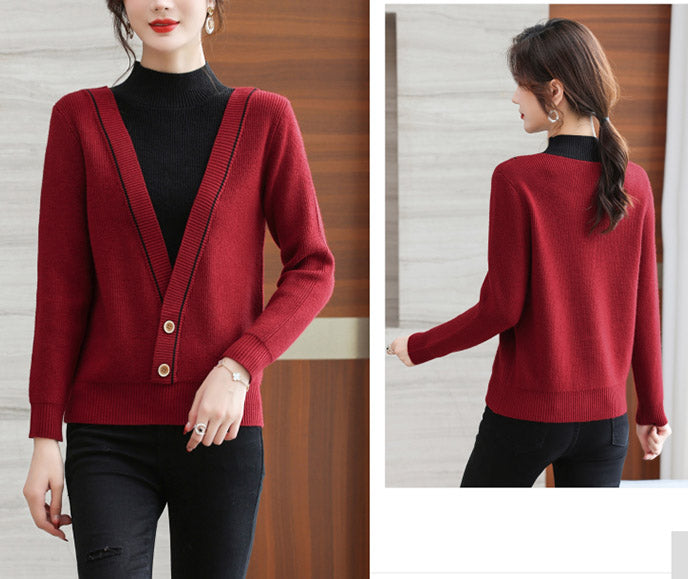 Women's Fall Turtleneck Color Block Knitted Sweater