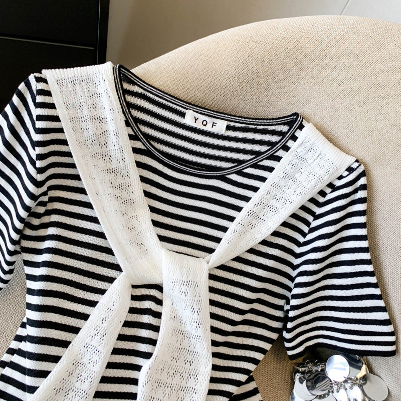 Coastal Stripe Knit Top with Scarf Tie Detail – Lightweight Summer Essential