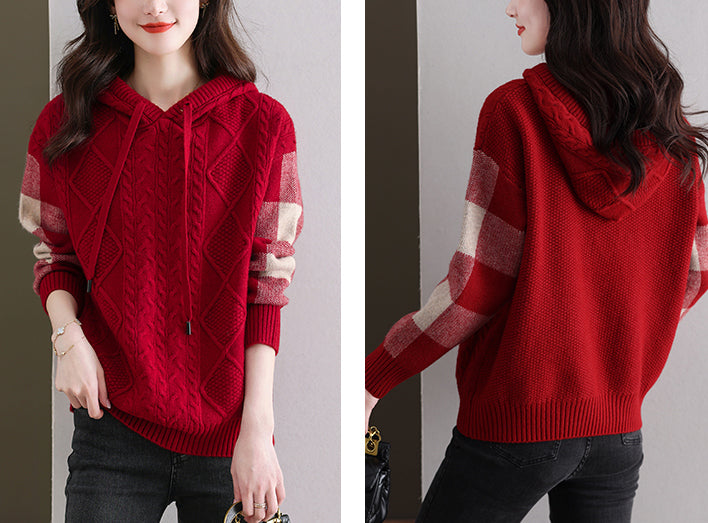 Women's Hoodies Plaid Ribbed Sweater Knit Tops