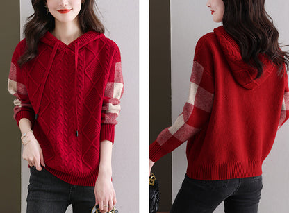 Women's Hoodies Plaid Ribbed Sweater Knit Tops