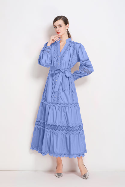Women's V-Neck Puff Sleeve Lace Tiered Maxi Dress