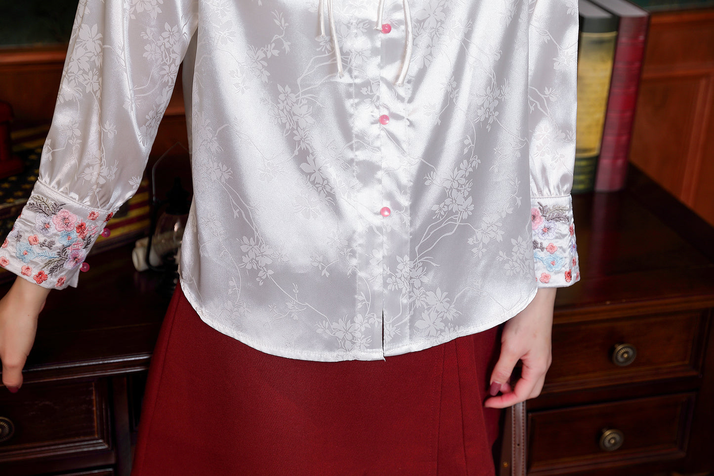 Women's Chinese Style Silk Satin Jacquard  Shirt - LAI MENG FIVE CATS