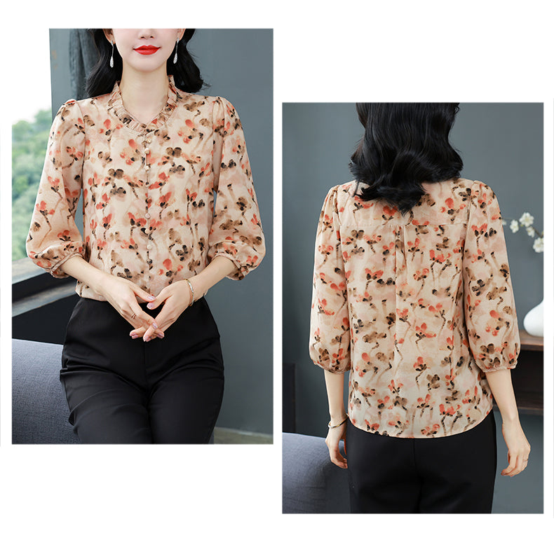 Women's Floral Print Ruffle Button Loose Blouses Top