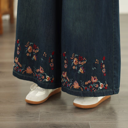 Women's Baggy Jeans Embroidery Elastic Waist Denim Pants