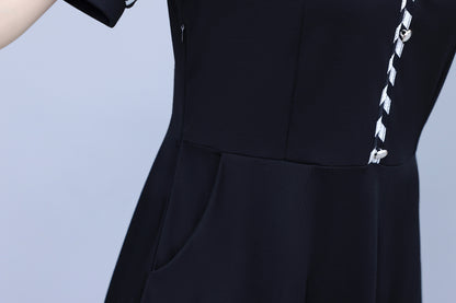 Women's Lapel V-Neck Pocket Short Sleeve Midi Dress - LAI MENG FIVE CATS