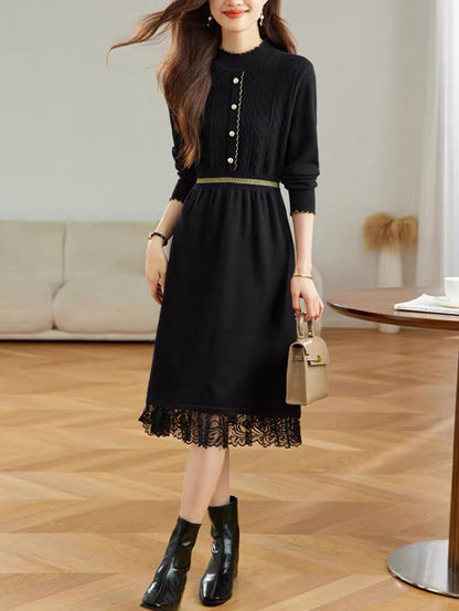 Women's Turtleneck Sweater Knit Lace Trim Midi Dress