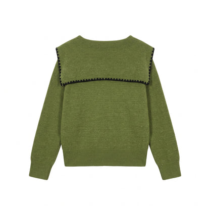 28700 Green Sailor Collar Button-Front Knit Cardigan
