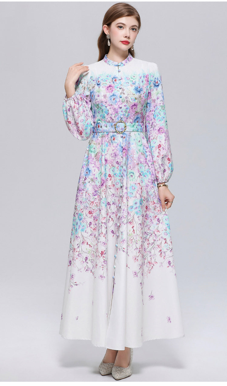 Women's Lantern Sleeve Floral Print Button Maxi Dress With Belts