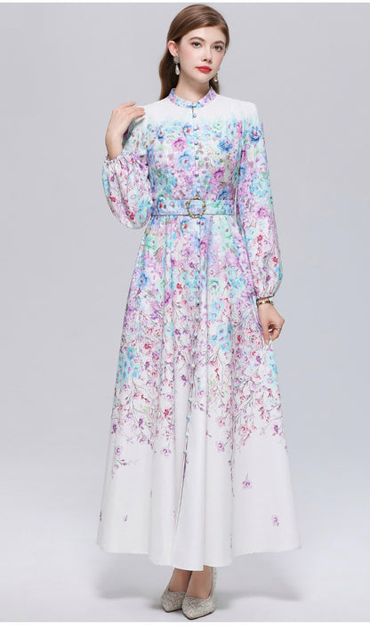 Women's Lantern Sleeve Floral Print Button Maxi Dress With Belts