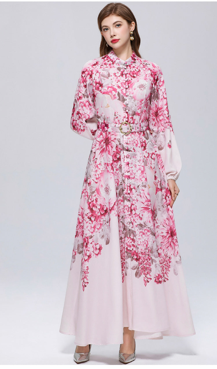Women's Lantern Sleeve Floral Print Button Maxi Dress With Belts