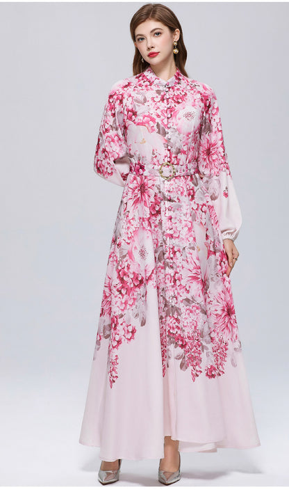 Women's Lantern Sleeve Floral Print Button Maxi Dress With Belts