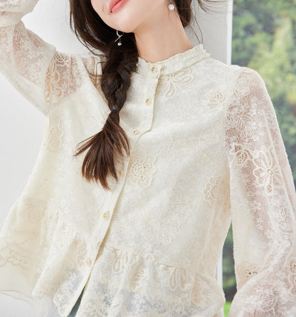 Ivory Lace Embroidered Button-Front Blouse