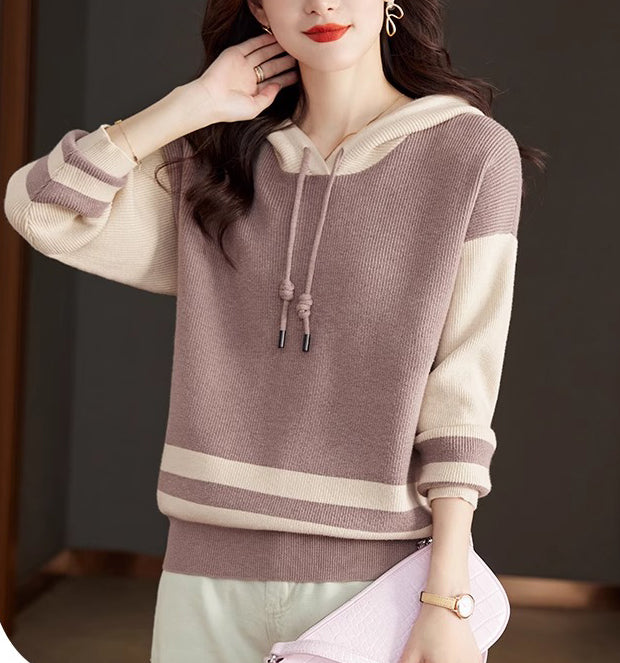 Women's Striped Color Block Hoodies Sweater Knit Tops