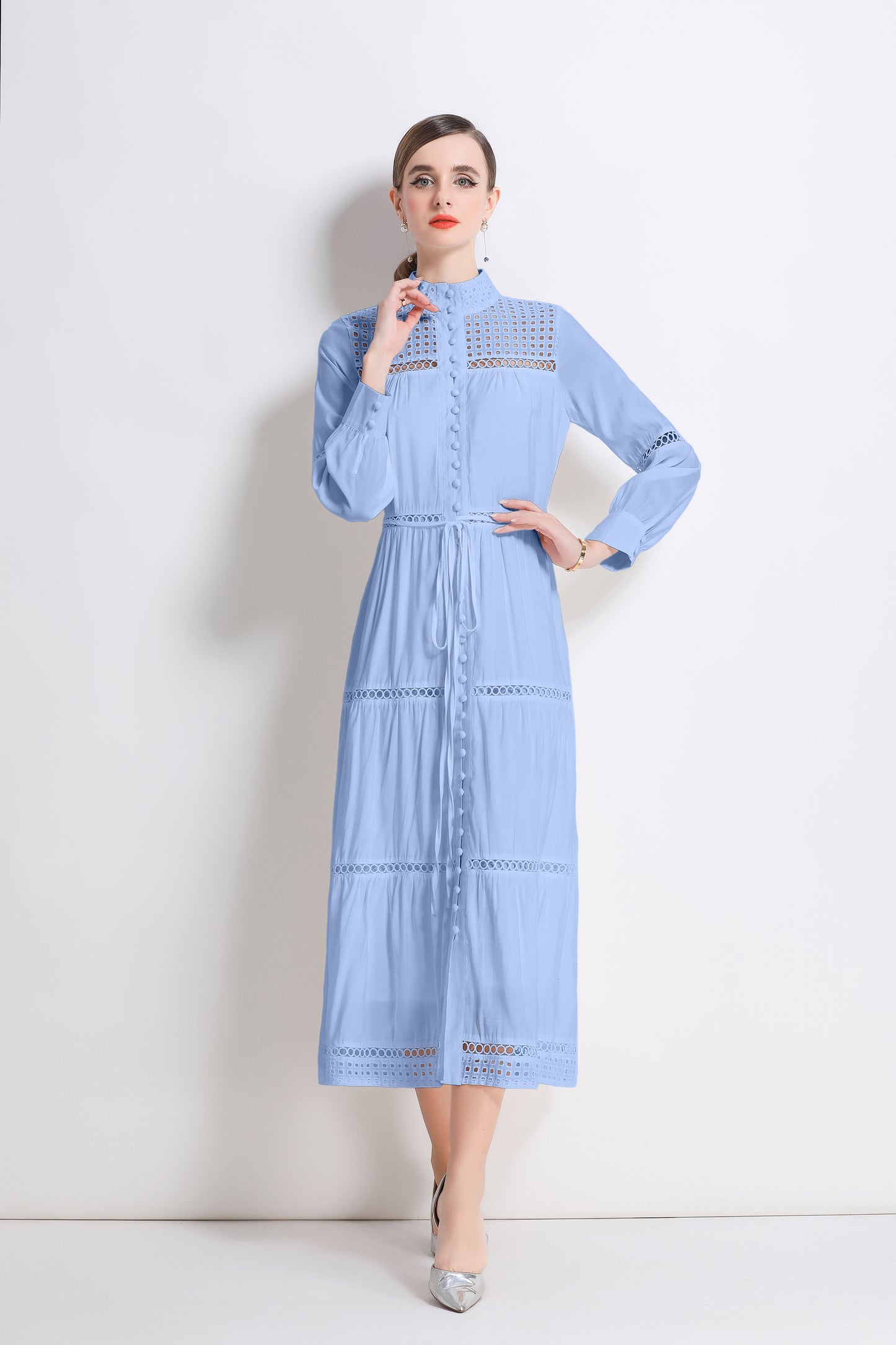 Women's Hollow Out Lace Button Long Sleeve Maxi Dress