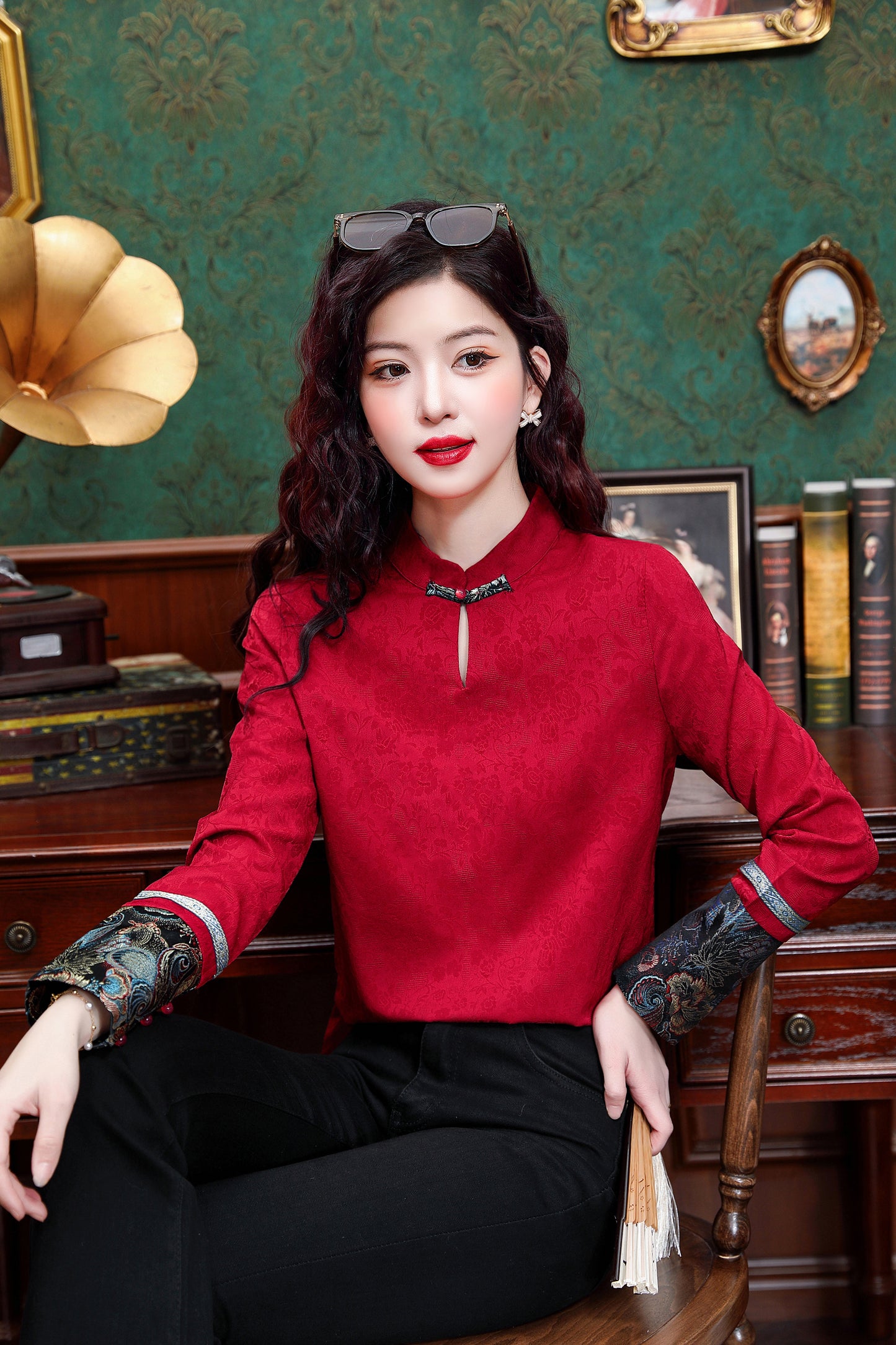 Women's Silk Satin Mandarin Collar Long Sleeve Blouse Top - LAI MENG FIVE CATS
