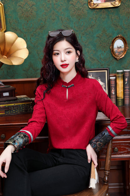 Women's Silk Satin Mandarin Collar Long Sleeve Blouse Top - LAI MENG FIVE CATS