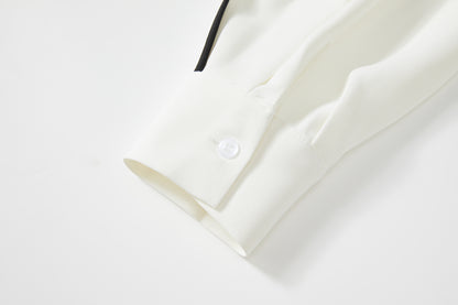Women's Contrast Collar V Neck Lantern Sleeve Blouse