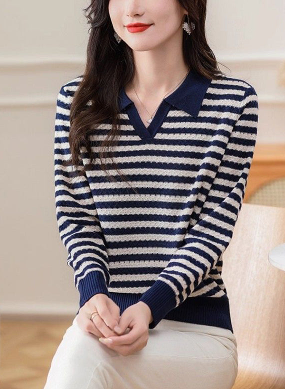 Women's Striped Sweater Lapel Ribbed Pullover Knit