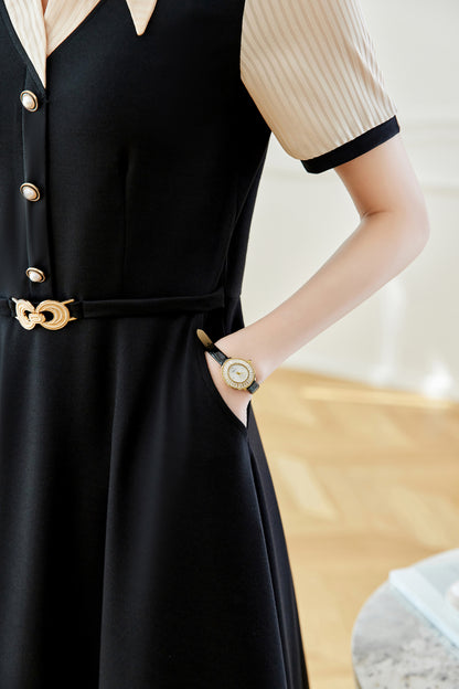 26-Women's Lapel V-Neck  Pockets Midi Dress - LAI MENG FIVE CATS