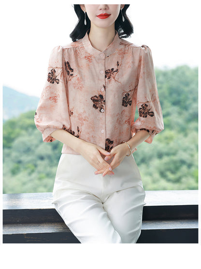 Women's Chinese Style Silk Satin  Button Jacquard Blouse