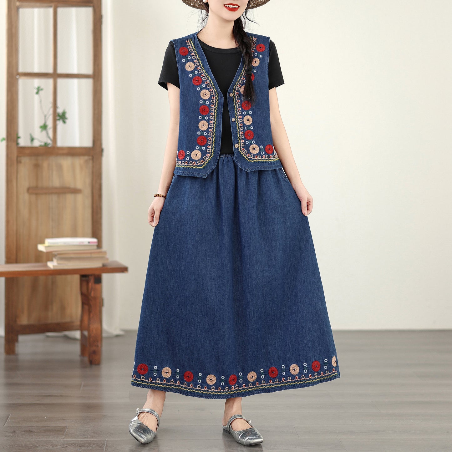 Women's Embroidered Elastic Waist Denim Jean Maxi Skirt Pocket - LAI MENG FIVE CATS