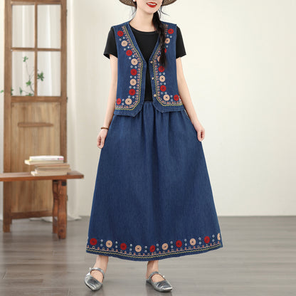 Women's Embroidered Elastic Waist Denim Jean Maxi Skirt Pocket - LAI MENG FIVE CATS