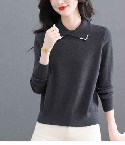 Women's Long Sleeve Sweater Lapel Collar Pullover Tops - LAI MENG FIVE CATS