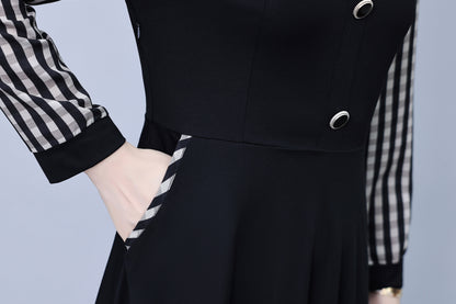 Women's Peter Pan Collar Long Sleeve Black Dress with Pocket - LAI MENG FIVE CATS