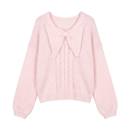 28731 Bow Detail Cable Knit Sweater – Pink & Apricot
