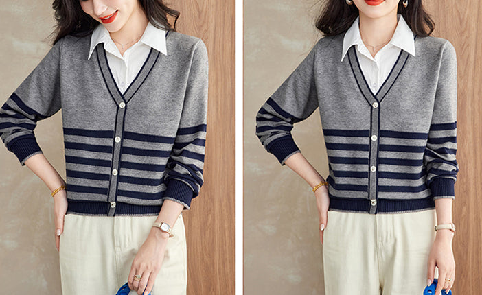Women's Striped Sweater 2 in 1 Lapel Knit Pullover