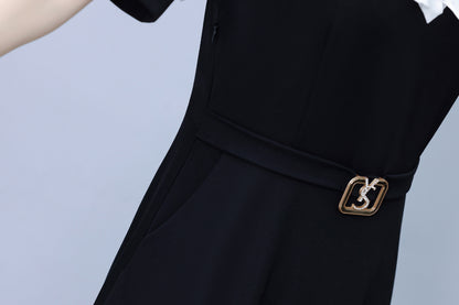 Women's Lapel V-Neck Pocket Short Sleeve Midi Dress - LAI MENG FIVE CATS