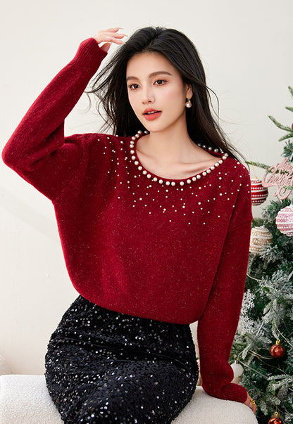 SD-Off Shoulder Shining Beads Pullover Sweater