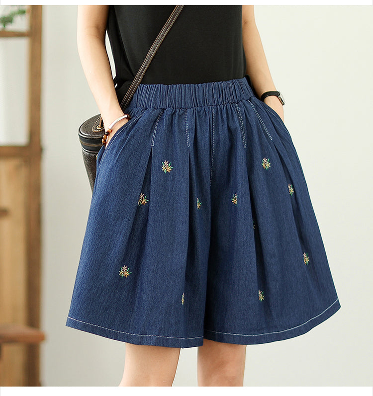 Women's High Waisted Baggy Jean Wide Leg Denim Shorts - LAI MENG FIVE CATS