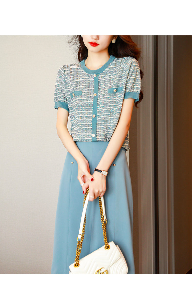 Chic Short-Sleeve Tweed Knit Top Short Sleeve Effortless Shirt