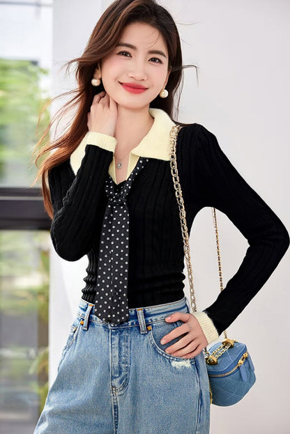 Preppy Color-Block Cable Knit Top with Contrast Collar & Tie Neck