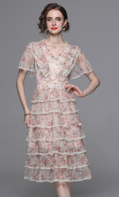 Romantic Floral Lace Trim Midi Dress