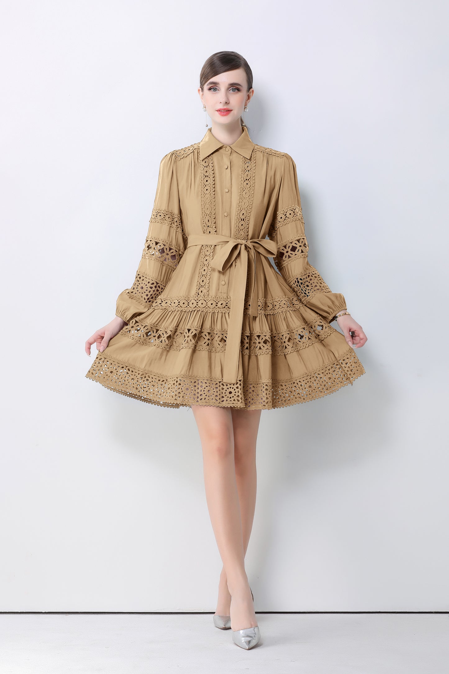 Women's Hollow Out Lace Puff Sleeve Button Mini Dress - LAI MENG FIVE CATS