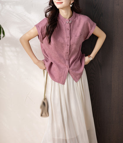 Women's Button Cap Sleeve Mandarin Collar Blouse Top - LAI MENG FIVE CATS